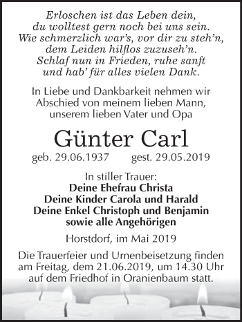 Traueranzeige von Günter Carl von WVG - Wochenspiegel Wittenberg