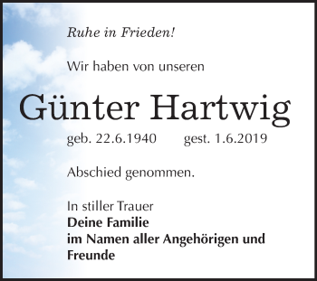 Traueranzeige von Günter Hartwig von Mitteldeutsche Zeitung