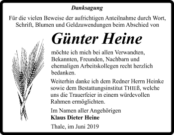 Traueranzeige von Günter Heine von Super Sonntag Quedlinburg