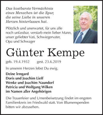 Traueranzeige von Günter Kempe von Super Sonntag SGH Mansf. Land