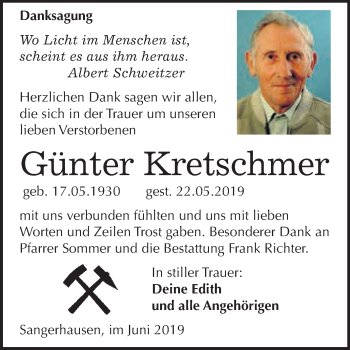 Traueranzeige von Günter Kretschmer von Super Sonntag SGH Mansf. Land