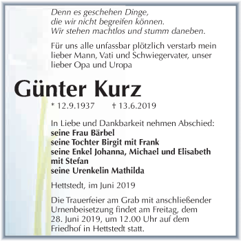 Traueranzeige von Günter Kurz von Super Sonntag SGH Mansf. Land