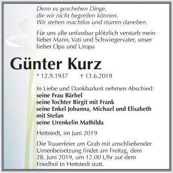 Traueranzeige von Günter Kurz von Mitteldeutsche Zeitung
