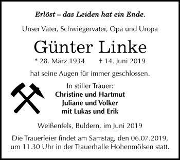 Traueranzeige von Günter Linke von WVG - Wochenspiegel NMB / WSF / ZTZ