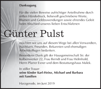 Traueranzeige von Günter Pulst von WVG - Wochenspiegel Quedlinburg