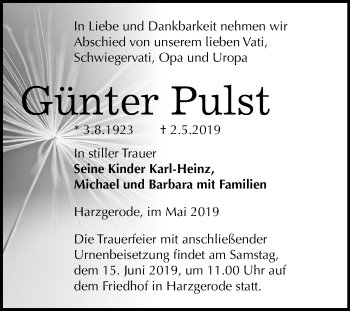 Traueranzeige von Günter Pulst von Mitteldeutsche Zeitung