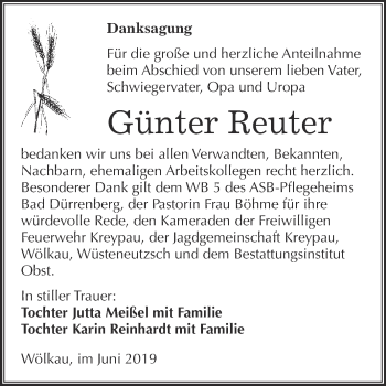 Traueranzeige von Günter Reuter von Super Sonntag Merseburg
