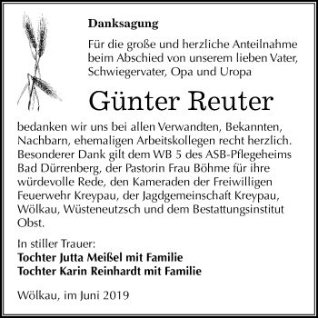 Traueranzeige von Günter Reuter von Mitteldeutsche Zeitung Merseburg/Querfurt