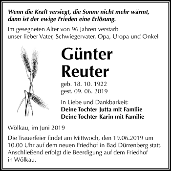 Traueranzeige von Günter Reuter von Mitteldeutsche Zeitung Merseburg/Querfurt