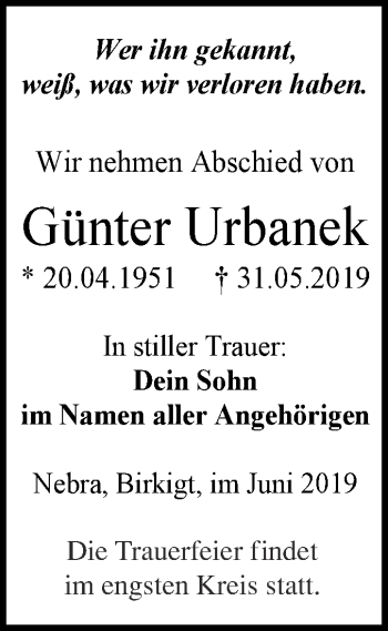 Traueranzeige von Günter Urbanek von WVG - Wochenspiegel NMB / WSF / ZTZ