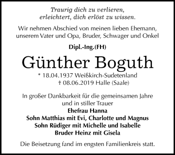 Traueranzeige von Günther Boguth von Mitteldeutsche Zeitung Halle/Saalkreis
