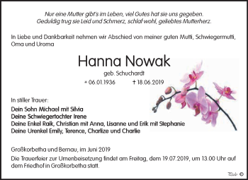 Traueranzeige von Hanna Nowak von WVG - Wochenspiegel NMB / WSF / ZTZ