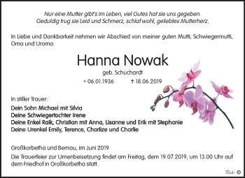 Traueranzeige von Hanna Nowak von Mitteldeutsche Zeitung Weißenfels