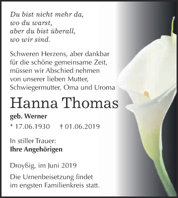 Traueranzeige von Hanna Thomas von WVG - Wochenspiegel NMB / WSF / ZTZ