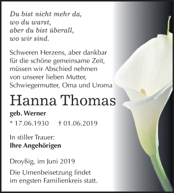Traueranzeige von Hanna Thomas von Mitteldeutsche Zeitung Zeitz