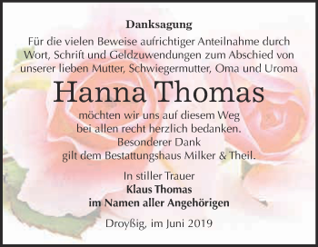 Traueranzeige von Hanna Thomas von WVG - Wochenspiegel NMB / WSF / ZTZ
