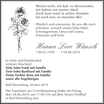 Traueranzeige von Hanna Lore Wünsch von Super Sonntag Merseburg