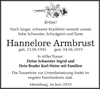 Traueranzeige von Hannelore Armbrust von WVG - Wochenspiegel Merseburg