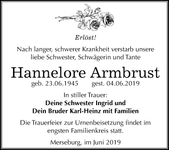 Traueranzeige von Hannelore Armbrust von Mitteldeutsche Zeitung