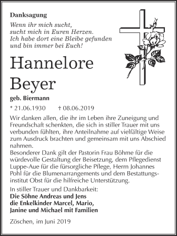 Traueranzeige von Hannelore Beyer von Super Sonntag Merseburg