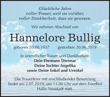 Traueranzeige von Hannelore Bullig von Mitteldeutsche Zeitung Halle/Saalkreis