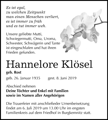 Traueranzeige von Hannelore Klösel von Mitteldeutsche Zeitung