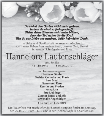 Traueranzeige von Hannelore Lautenschläger von WVG - Wochenspiegel Merseburg