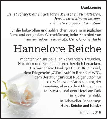 Traueranzeige von Hannelore Reiche von Super Sonntag SGH Mansf. Land