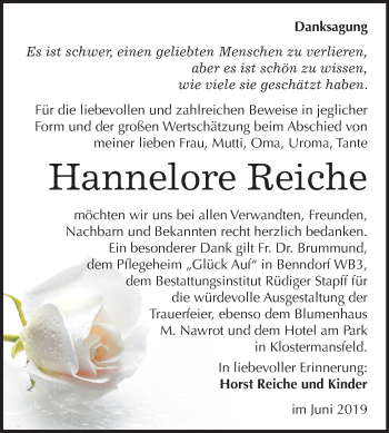 Traueranzeige von Hannelore Reiche von Mitteldeutsche Zeitung Mansfelder Land