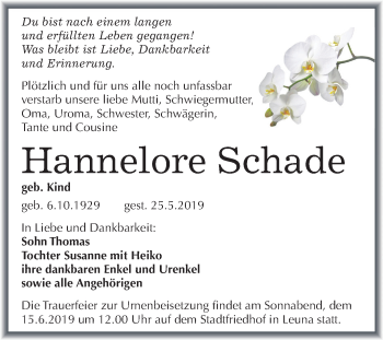 Traueranzeige von Hannelore Schade von Mitteldeutsche Zeitung