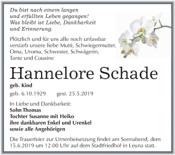 Traueranzeige von Hannelore Schade von WVG - Wochenspiegel Merseburg