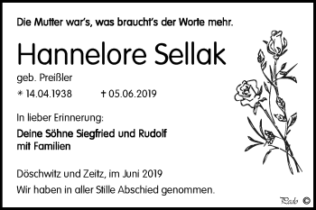 Traueranzeige von Hannelore Sellak von WVG - Wochenspiegel NMB / WSF / ZTZ