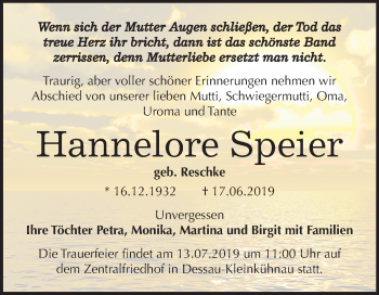 Traueranzeige von Hannelore Speier von Mitteldeutsche Zeitung Dessau-Roßlau