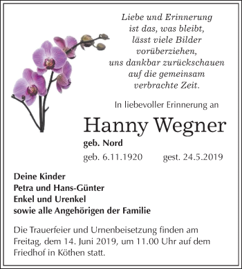 Traueranzeige von Hanny Wegner von Mitteldeutsche Zeitung Köthen