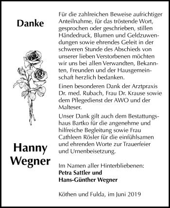 Traueranzeige von Hanny Wegner von Mitteldeutsche Zeitung Köthen