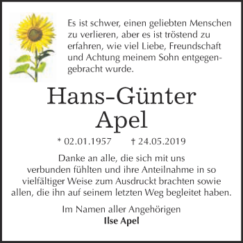 Traueranzeige von Hans-Günter Apel von Super Sonntag Quedlinburg
