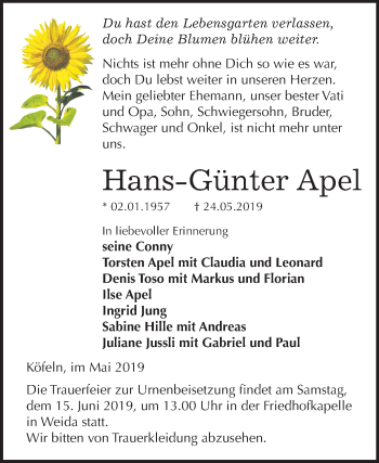 Traueranzeige von Hans-Günter Apel von Mitteldeutsche Zeitung Quedlinburg