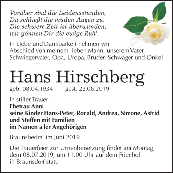 Traueranzeige von Hans Hirschberg von Mitteldeutsche Zeitung Merseburg/Querfurt