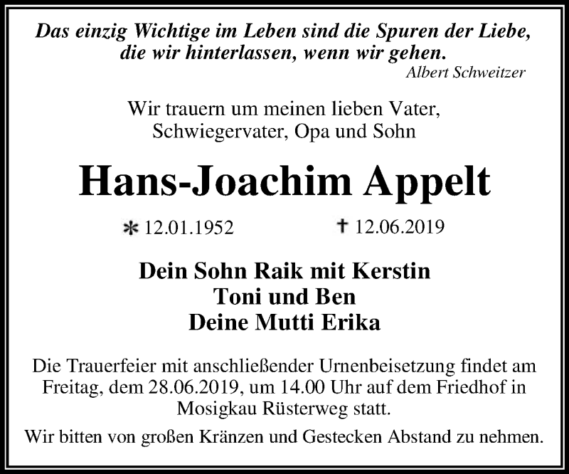  Traueranzeige für Hans-Joachim Appelt vom 22.06.2019 aus WVG - Wochenspiegel Dessau / Köthen
