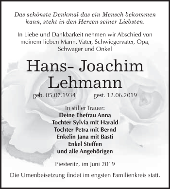 Traueranzeige von Hans- Joachim Lehmann von WVG - Wochenspiegel Wittenberg