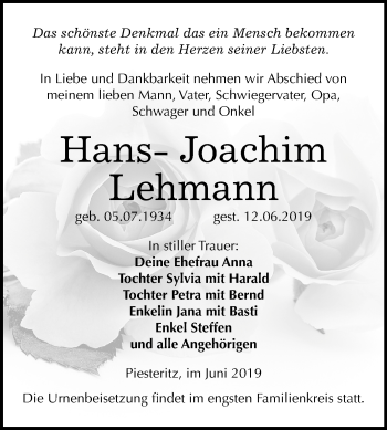 Traueranzeige von Hans-Joachim Lehmann von Mitteldeutsche Zeitung