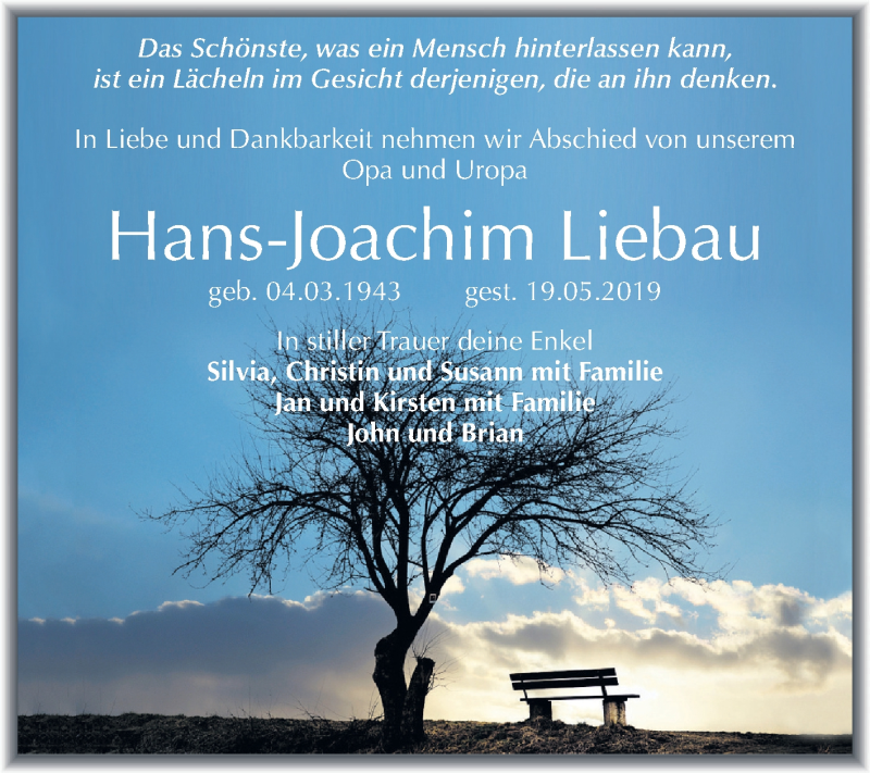  Traueranzeige für Hans-Joachim Liebau vom 14.06.2019 aus Mitteldeutsche Zeitung Köthen