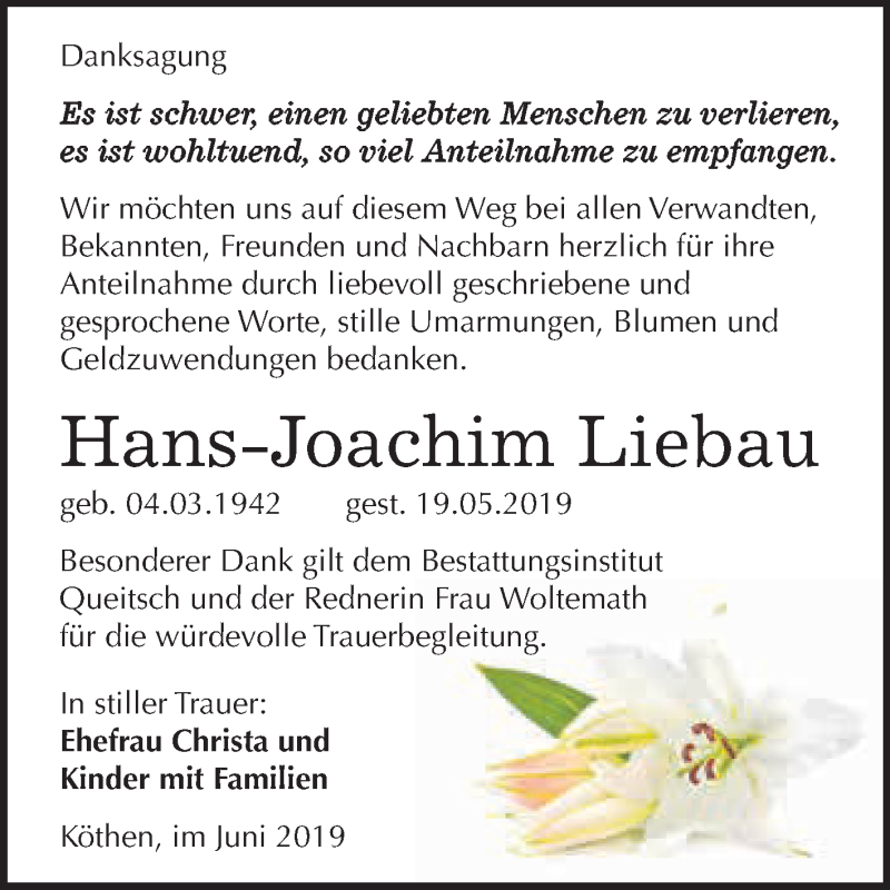  Traueranzeige für Hans-Joachim Liebau vom 22.06.2019 aus WVG - Wochenspiegel Dessau / Köthen