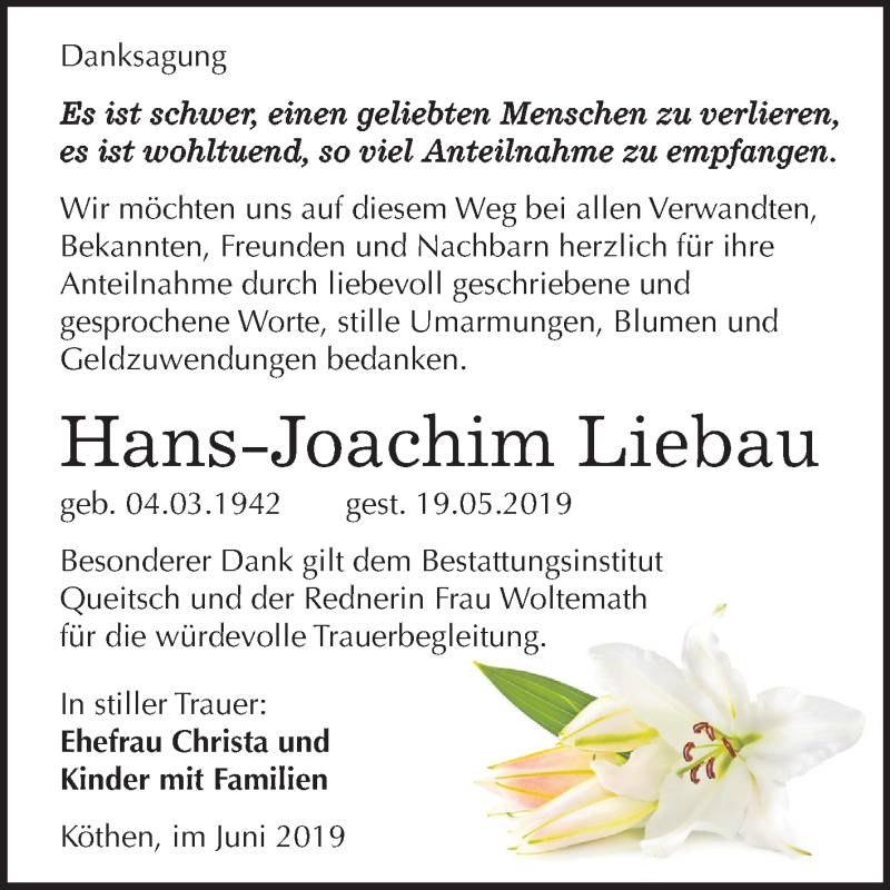  Traueranzeige für Hans-Joachim Liebau vom 22.06.2019 aus Mitteldeutsche Zeitung Köthen
