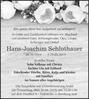 Traueranzeige von Hans-Joachim Schlothauer von Super Sonntag Bernburg