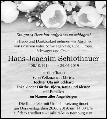 Traueranzeige von Hans-Joachim Schlothauer von Mitteldeutsche Zeitung Bernburg