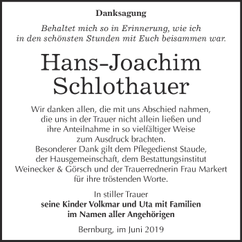 Traueranzeige von Hans-Joachim Schlothauer von Super Sonntag Bernburg