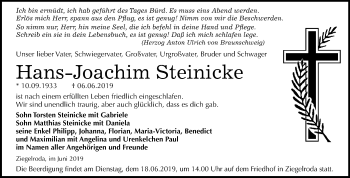 Traueranzeige von Hans-Joachim Steinicke von Mitteldeutsche Zeitung Merseburg/Querfurt