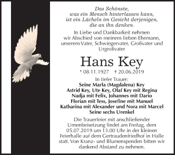 Traueranzeige von Hans Key von Mitteldeutsche Zeitung Halle/Saalkreis