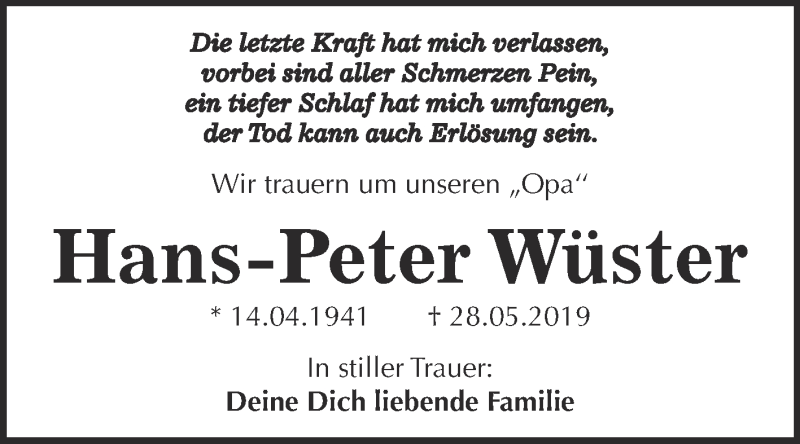  Traueranzeige für Hans-Peter Wüster vom 08.06.2019 aus WVG - Wochenspiegel Dessau / Köthen